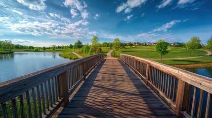 Obraz premium A wooden bridge over a lake in an American park, with green grass and trees on both sides