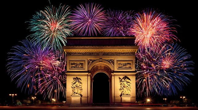 Fireworks explode over the Arc de Triomphe at night. - Powered by Adobe