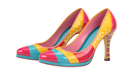 Pair of colorful high heel shoes with a vibrant design, isolated on transparent background, perfect for adding a touch of glamour to any outfit