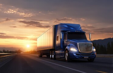 Commercial blue truck on the highway at sunset