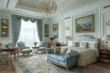 Fototapeta premium Luxurious hotel room with elegant decor and stunning view in a high-end establishment