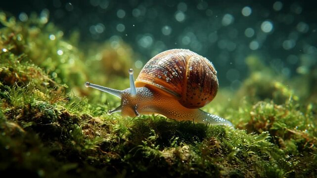 Snail with Brown Shell Crawls on Algae Covered Rocks Underwater, Leaving Slime Trail and Patterned Shell Snail on Algae Rocks