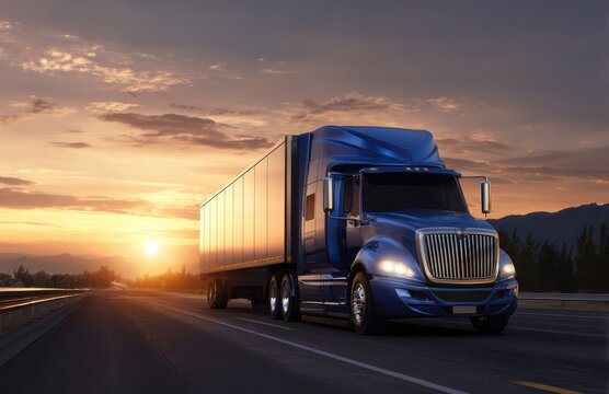 Commercial blue truck on the highway at sunset