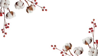 Autumn cotton and red berry botanical corner border design on transparent background, minimal and elegant floral frame for seasonal greeting cards and invitations