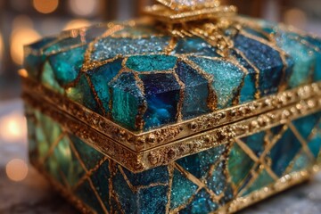 Rare and elegant gemstone box adorned with intricate golden details and vibrant blue hues displayed in a softly lit setting