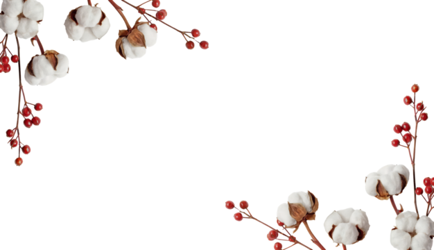Autumn cotton and red berry botanical corner border design on transparent background, minimal and elegant floral frame for seasonal greeting cards and invitations