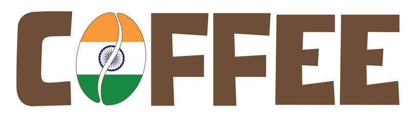 Obraz premium Word coffee with Indian flag inside coffee bean on white background, patriotic design Indian coffee