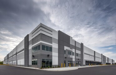 Obraz premium New modern warehouse exterior, an industrial building with gray and white paneling