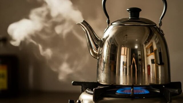 Close-up of boiling kettle with steam rising &ndash; hot, steamy moment in kitchen atmosphere