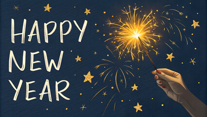Happy New Year with sparkling fireworks and golden stars, perfect for celebration greetings