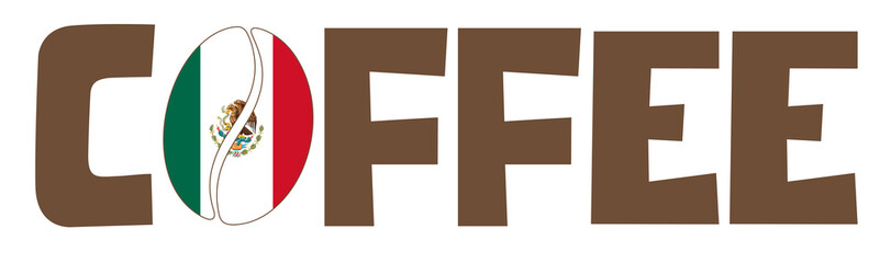 Obraz premium Word coffee with Mexican flag inside coffee bean on white background, patriotic design for coffee