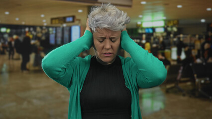 Woman raises arms overhead in airport terminal wearing green cardigan and black top with furrowed...