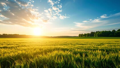 Fototapeta premium Golden hour majesty, a breathtaking sunset over wheat field landscape.