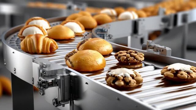 Bakery Production Line: Witness the automation of a bakery's production line, where fresh pastries journey along conveyor belts, each detail vividly captured in a still life composition.