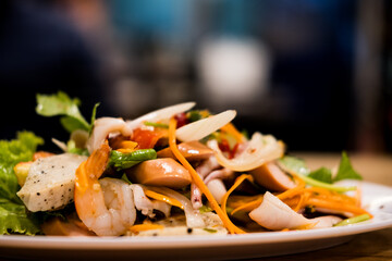 Closeup Thai spicy and sour seafood salad