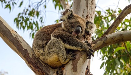 Sleeping Koala Bear Resting Comfortably in a Eucalyptus Tree Branch