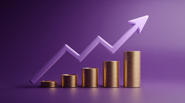 Rising columns of golden coins align beneath a bold violet arrow, depicting compound returns and disciplined wealth building.
