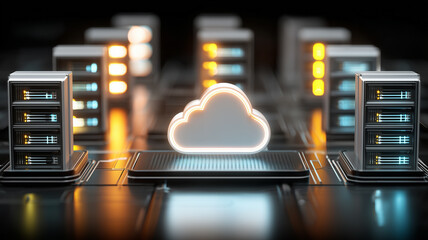 A radiant cloud icon stands at the centre of illuminated server racks, depicting scalable cloud computing infrastructure.
