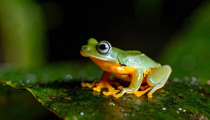 Naklejka premium Vibrant Glass Frog rests on wet leaf
