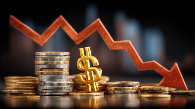 Stacks of mixed coins sit beneath a jagged red arrow, illustrating financial downturn and market volatility.
