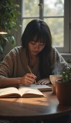 Woman Writing in Notebook by Window.