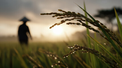 Fototapeta premium Sunset rice harvest worker in lush green field droplets on stalks serene landscape view