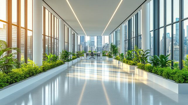 Peaceful modern office with white and natural wood elements, tidy and open design