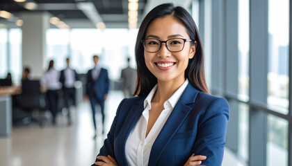 Naklejka premium Business person smiling in modern office space urban environment professional portrait bright and energetic atmosphere