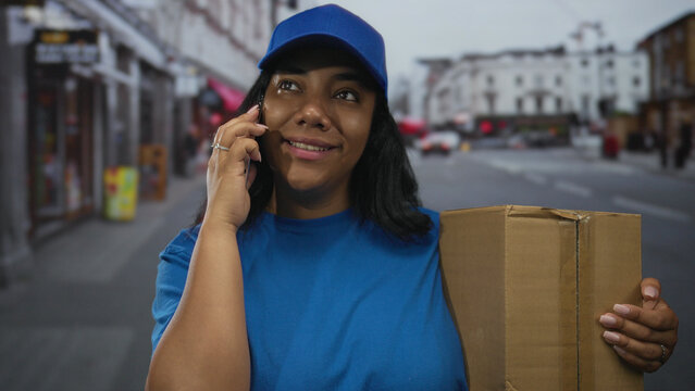 Delivery woman holds brown package and talks on phone on busy street; urban prompt service reliability.