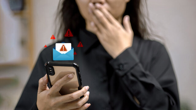 Woman Shocked by Email Scam Alert on Smartphone, Cybersecurity and Online Fraud Warning - Powered by Adobe