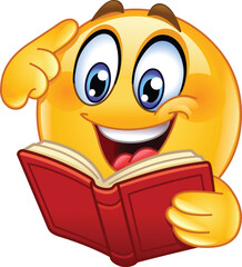 Happy Emoji Emoticon Reading a Book and Pointing to Head