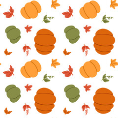 Pumpkin and Leaves Seamless Pattern. Hand drawn doodle seamless pattern.