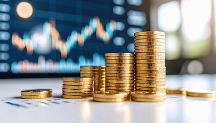 Stacks of gold coins on a table with a blurry financial chart background, symbolizing investment and financial growth.