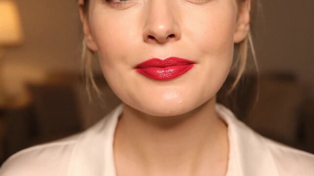 Woman Applying Red Lipstick for a Glamorous Look in a Softly Lit Indoor Setting