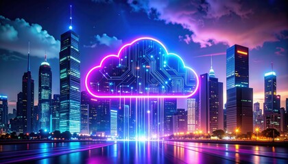 A neon cloud with circuit patterns hovers above a futuristic city skyline at night, symbolizing digital technology and cloud computing.