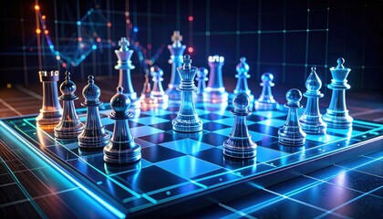 A futuristic chessboard with metallic pieces is illuminated by vibrant neon lights and digital effects, blending technology and strategy in a modern setting.