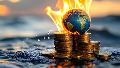 A burning globe on stacked coins surrounded by water, symbolizing financial crisis and global economic instability.