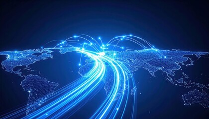 A digital world map with glowing blue lines representing global data connections and network communication.