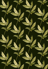 Green leaf with delicate botanical details watercolor seamless pattern isolated on black. Hand-painted for wedding design, eco packaging, branding, stationery, and digital creative projects