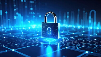 A digital padlock symbolizes cyber security and data protection within a glowing, high-tech network environment.