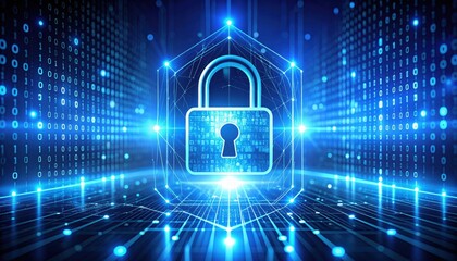A glowing padlock symbolizes cybersecurity and data protection amid a digital matrix of binary code and blue lights.