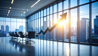 Modern office boardroom with a rising arrow graph, symbolizing business growth and success, against a city skyline backdrop.