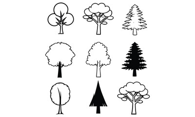 Variety of trees in line art style.