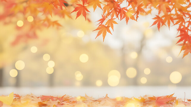 Autumn maple leaves and soft bokeh lights in warm orange and yellow tones fall nature - Powered by Adobe