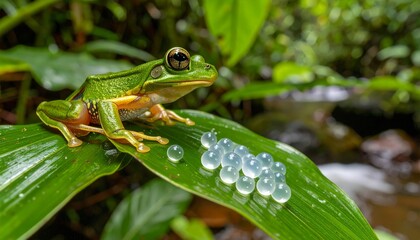 Obraz premium Glass frog guards translucent eggs leaf