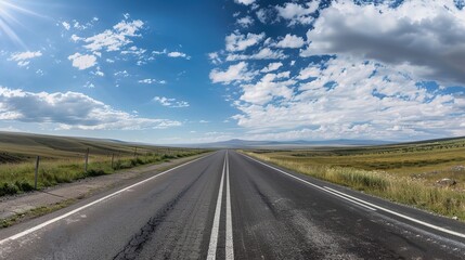 Highway Horizons: Dynamic Picture of Asphalt Highway &ndash; Smooth Black Pavement Cutting Through Green Fields and Distant Hills, Yellow Center Lines, Roadside Guardrails, and Trucks Speeding Under a Cloud