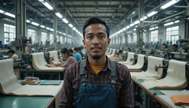  Experienced Textile Worker Overseeing Production with Steaming Fabric - Powered by Adobe