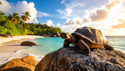 Tortoise basks on rock in Seychelles
