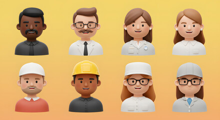 Fototapeta premium Collection of diverse 3D professional character busts with friendly expressions.