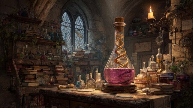 Introspective alchemist experience mystical transformation in ancient woods